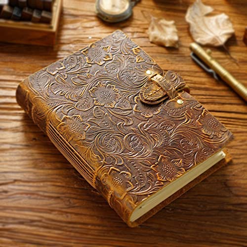 Acidea Genuine Leather Journal Notebook, 200 Sheets (400 Pages) Kraft Paper Embossed Sketchbook, Handmade Travel Writing Journal Diary, Gift for Men and Women (Vintage Brown, 7.5" x 5.5")