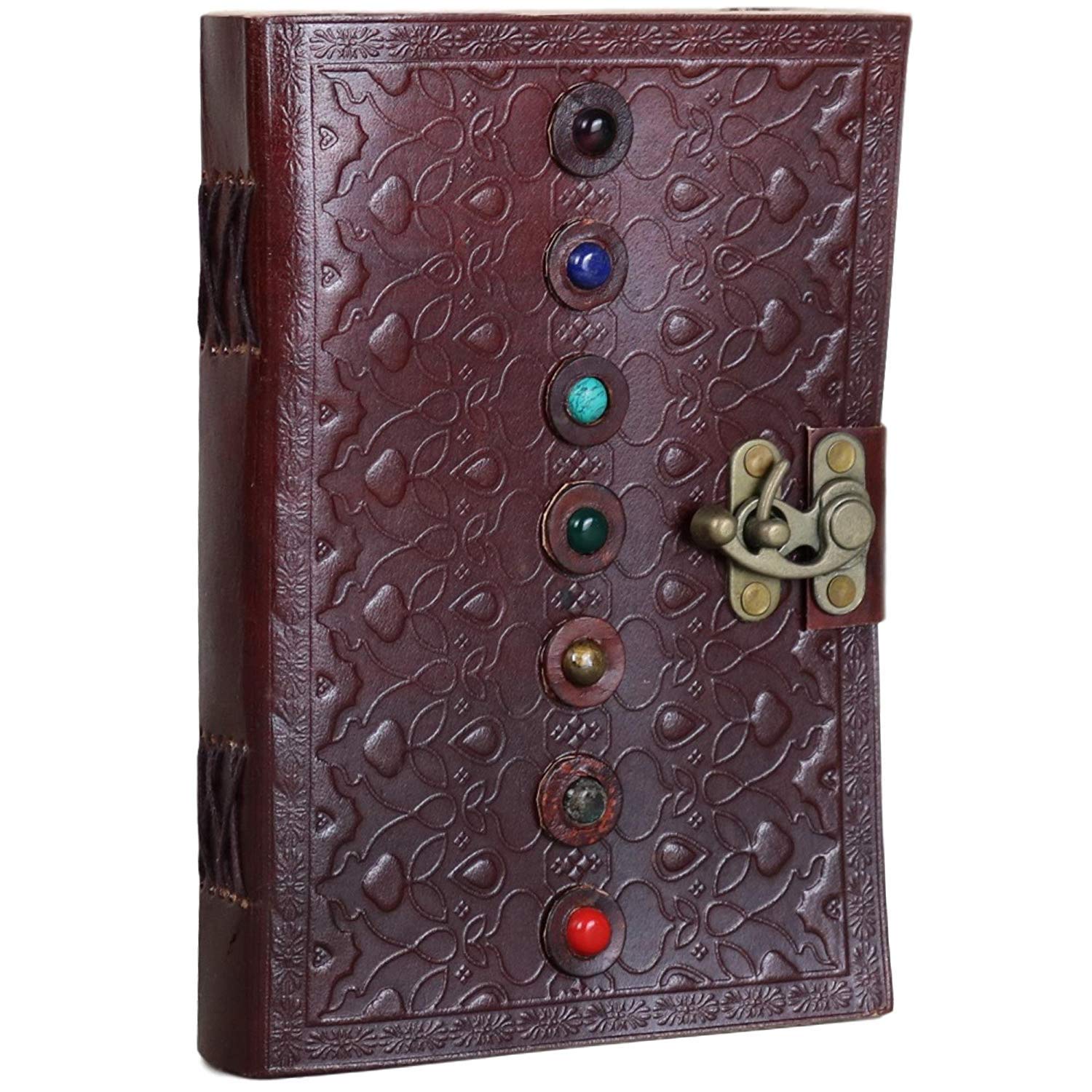 Real Leather 7 Stone Embossed Handmade Diary with Metal Lock (10 x 7 Inch)