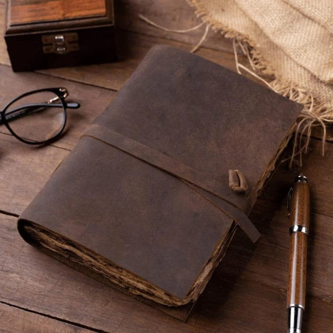 Vintage Leather Journal - Burnt Deckle Edge Vintage Paper - Handmade Leather Bound Journal