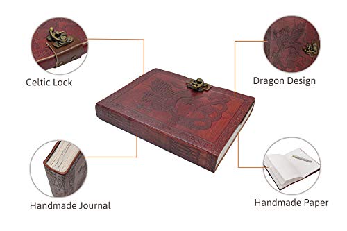 Antique Handmade Embossed Leather Journal, Bound Dragon Journal with lock, Personal Diary notebook with Unlined Paper