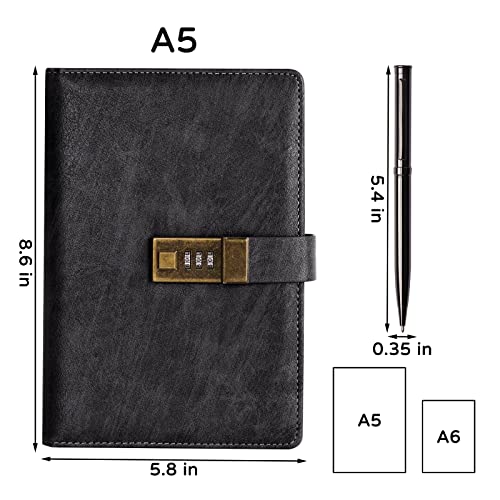 Vintage Leather Journal with Lock, A5 PU Password Protected Journal with Pen, Lock Diary Planner Organizer for Men and Women