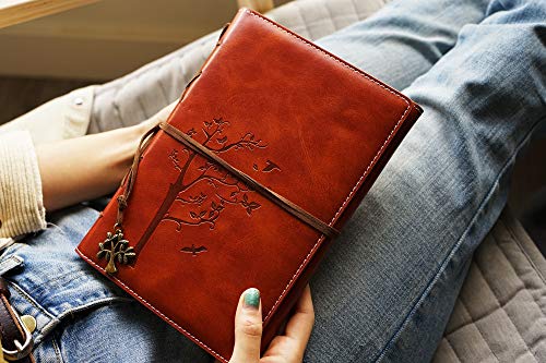 Retro Tree of Life Faux Lined Vintage Leather Journal, Wide Ruled Paper Refillable Travel Diary For Writing