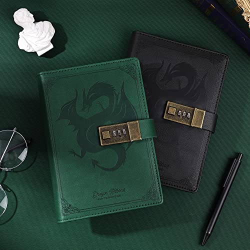 Refillable Dragon Leather Journal, Hardcover Black Notebook with Lock for Men and Women