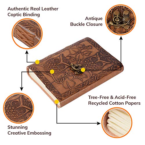 Owl Emboss Leather Journal, Handmade Paper Journal, Leather Sketchbook for Men Women