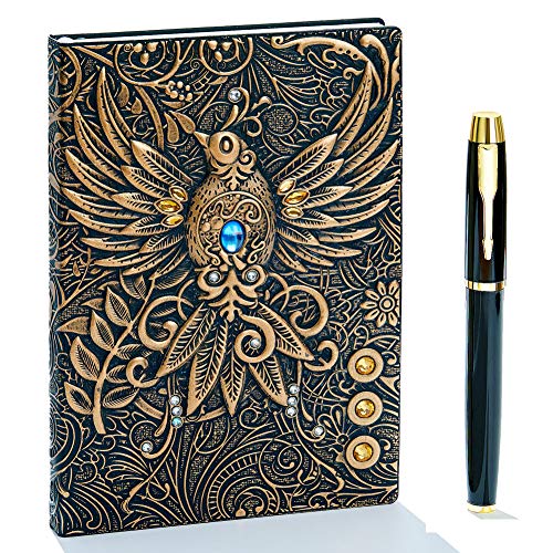 Antique Handmade Embossed Leather Journal, Daily Notepad Sketchbook with Golden Classic Pen, Gift For Men & Women