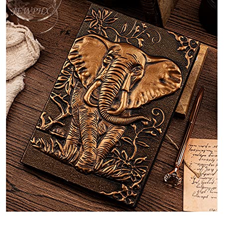 3D Elephant Antique Handmade Vintage Leather Journal, Writing Notebook with Pen Set