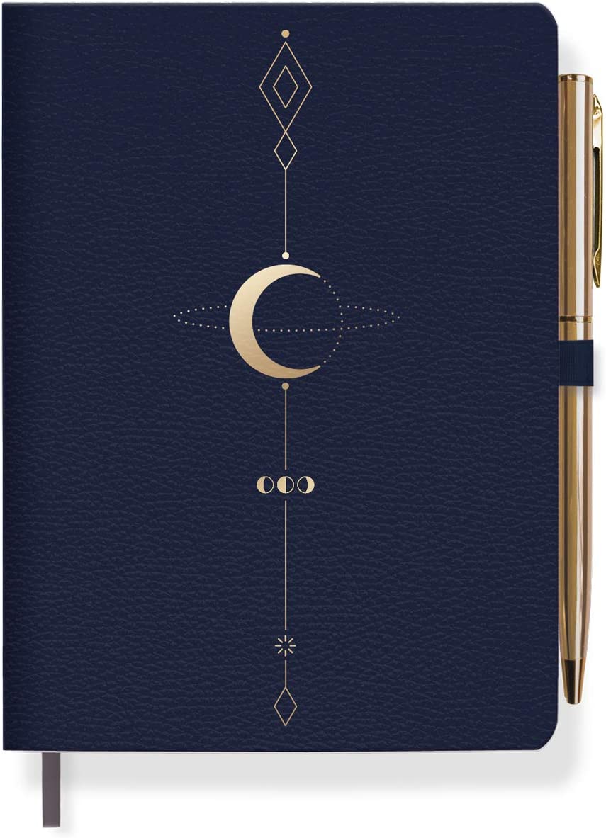 Vegan Leather Journal with Slim Pen, Lined Pages, Moon Tattoo