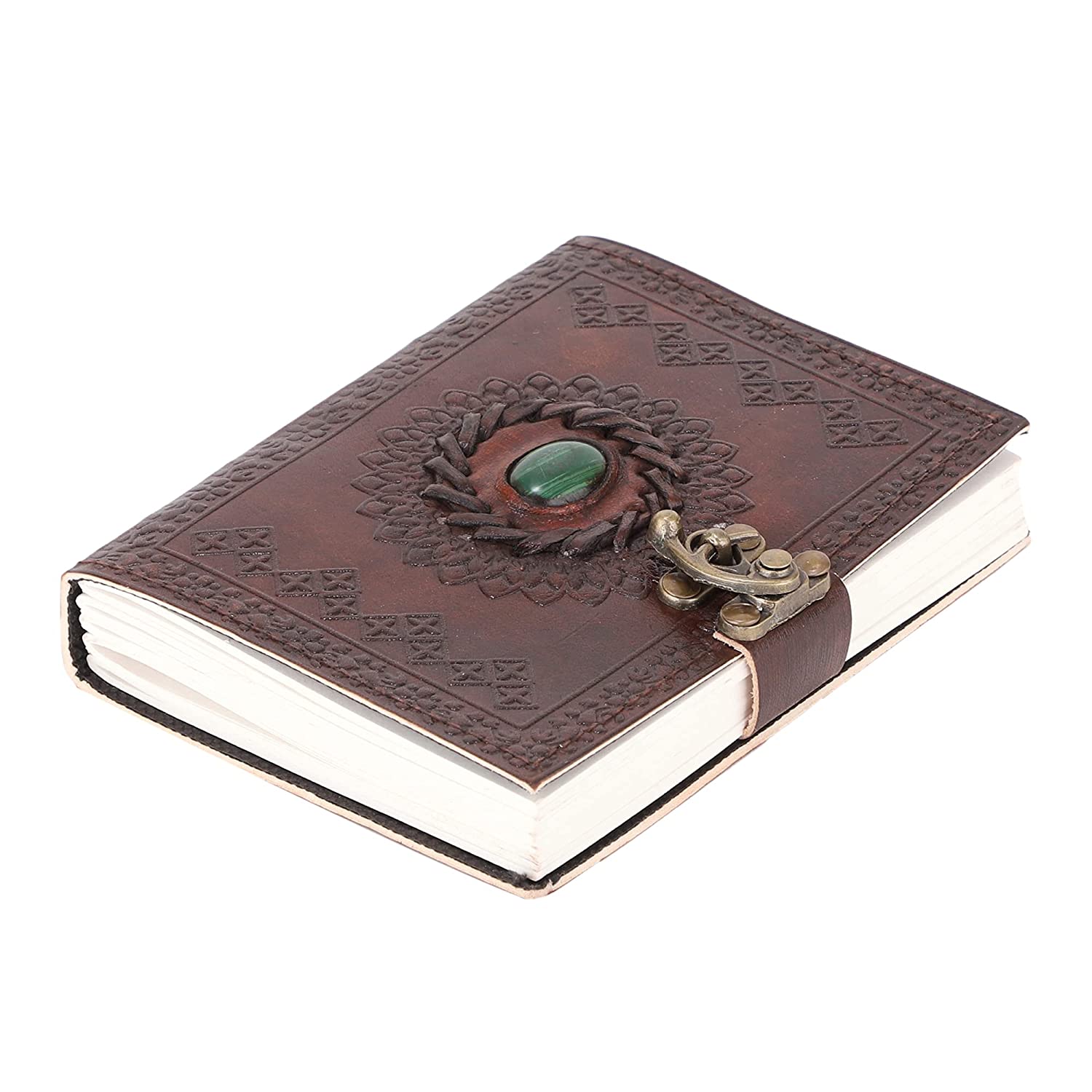 Leather Green Stone Brown Embossed Handmade Diary with Metal Lock