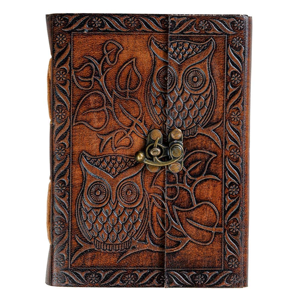 Faux Leather Journal Diary with Embossed Design of Owl/Antique Diary with Vintage Lock