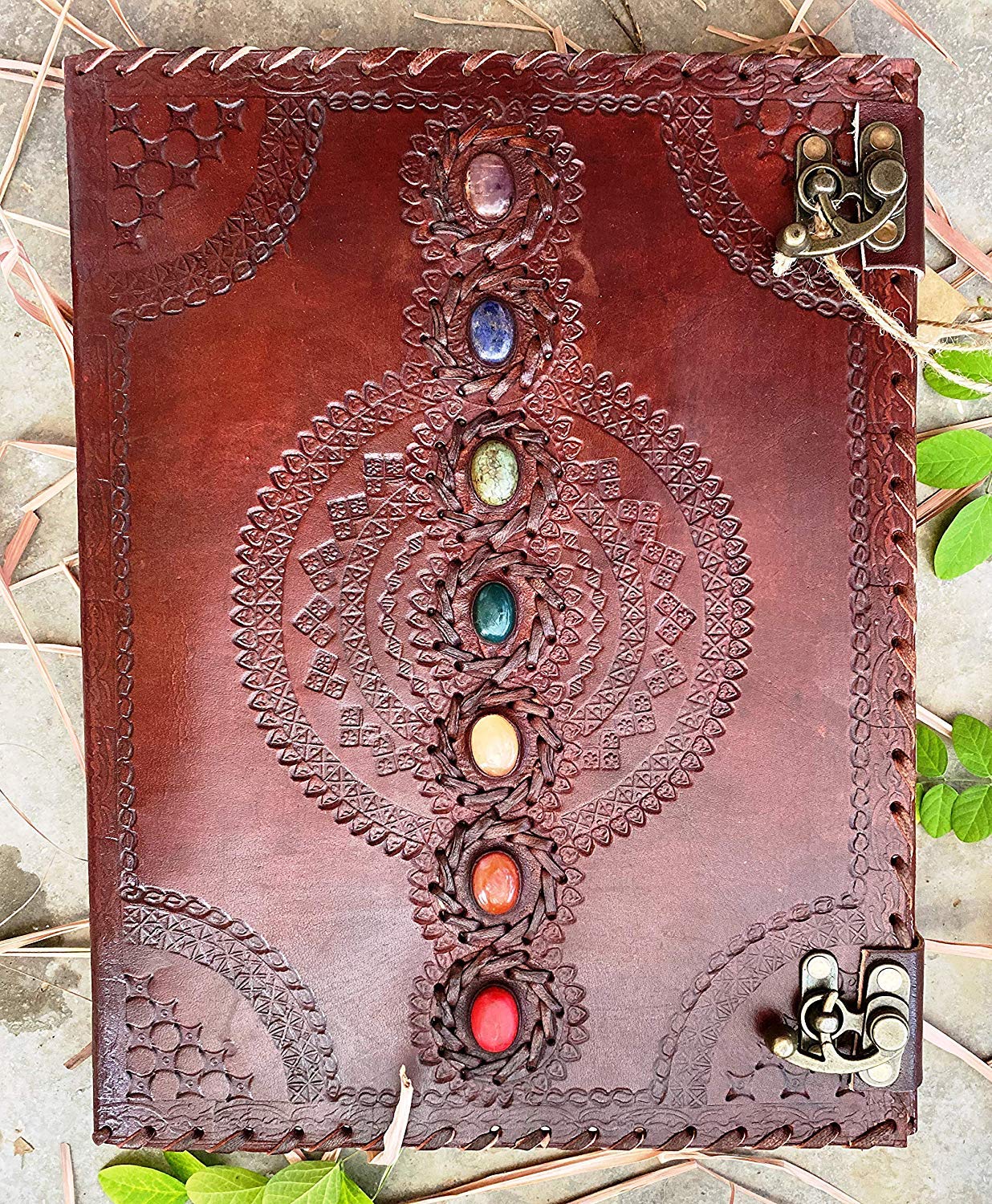 Multiple Stone Brown Embossed Handmade Diary with Metal Lock