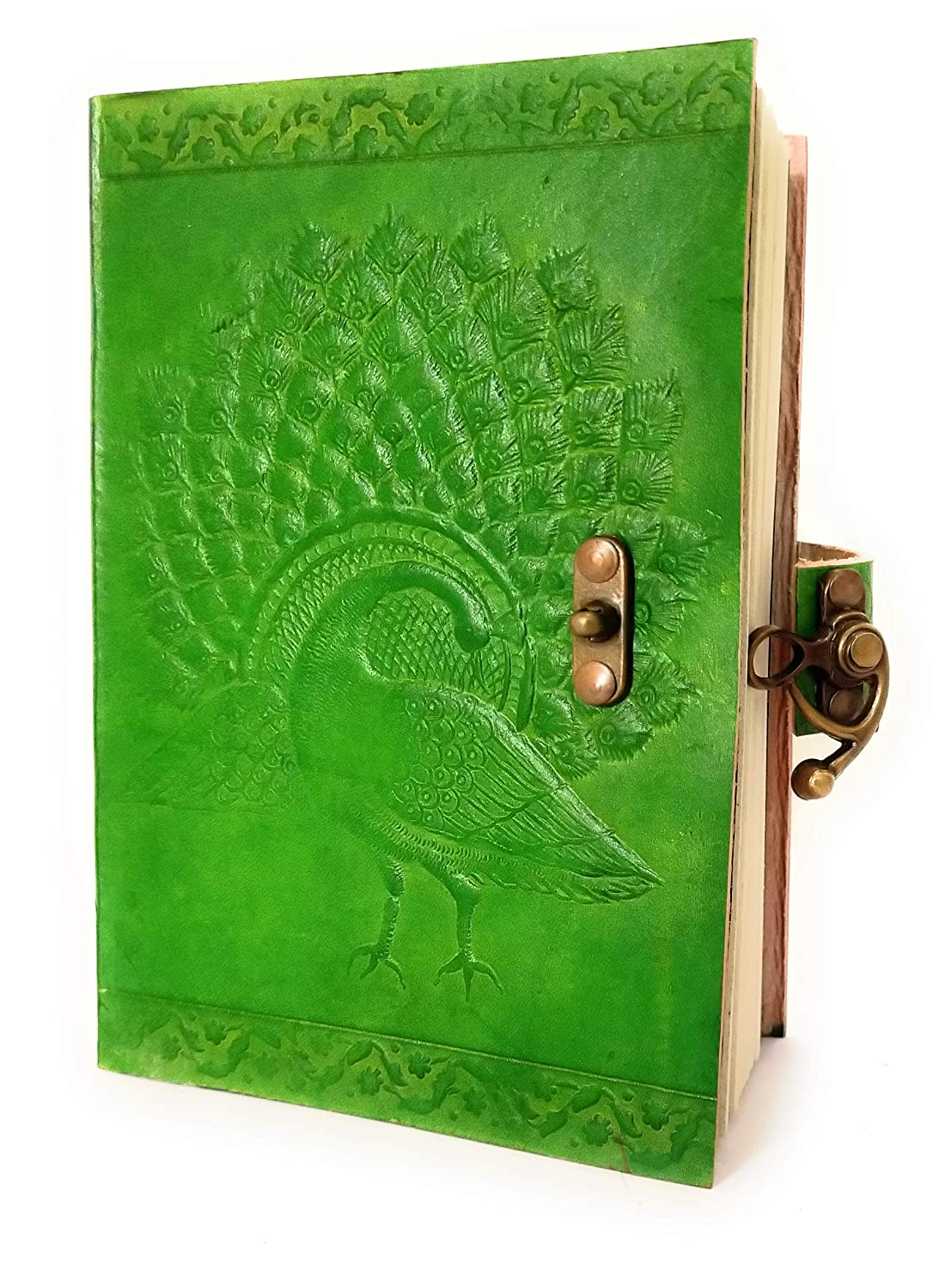 Handmade Leather Diary Notebook - Peacock Design in Green Color Journal with Brass Lock
