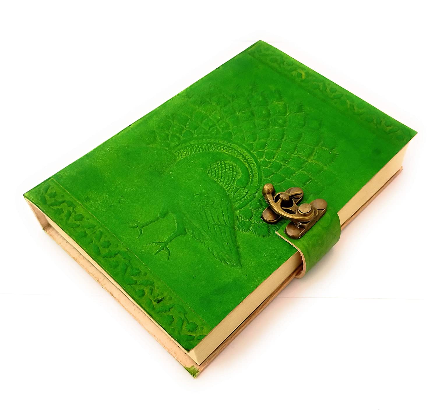 Handmade Leather Diary Notebook - Peacock Design in Green Color Journal with Brass Lock