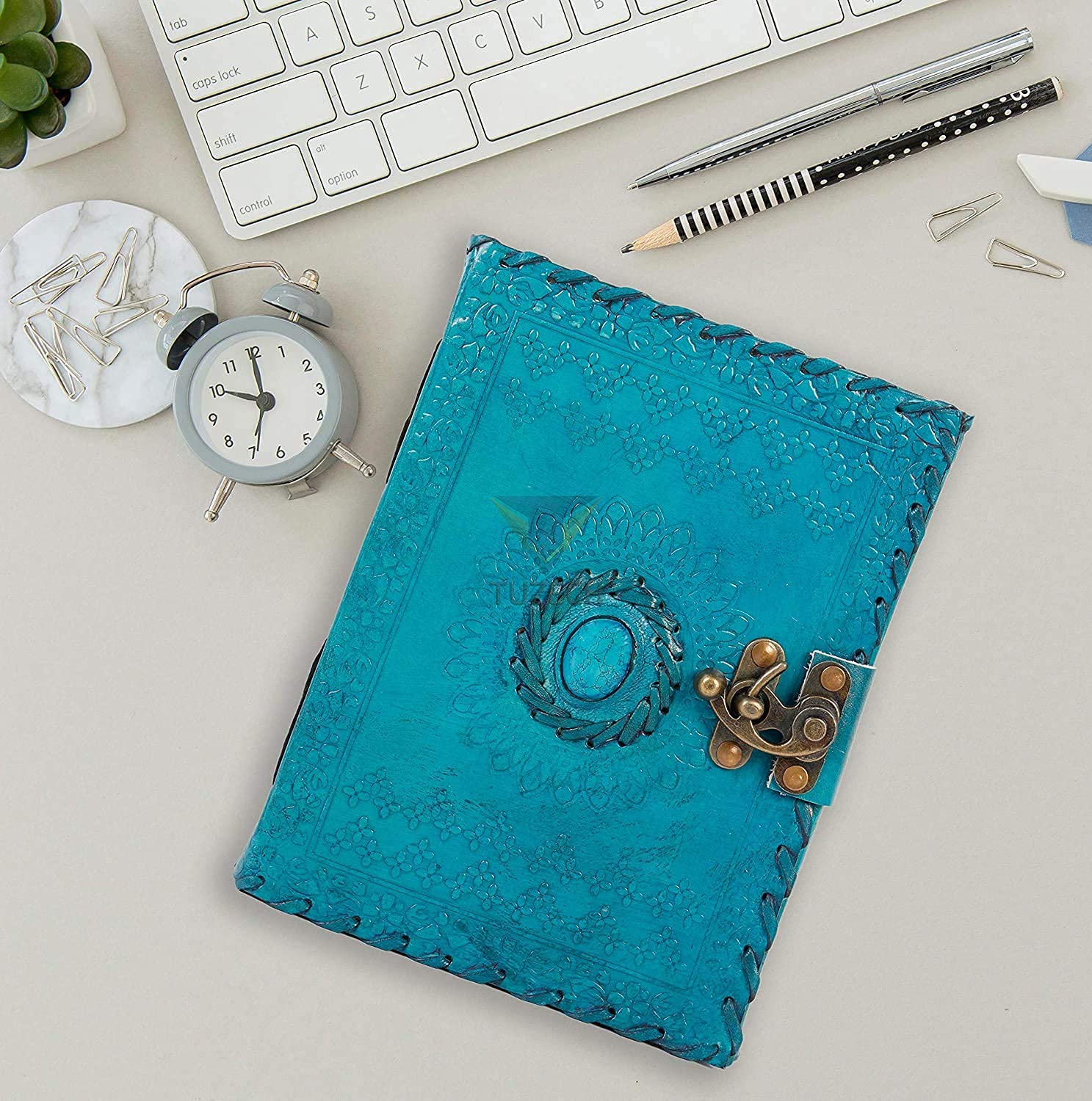 Leather Diary Journal Notebook with Lock Embossed Handmade Paper
