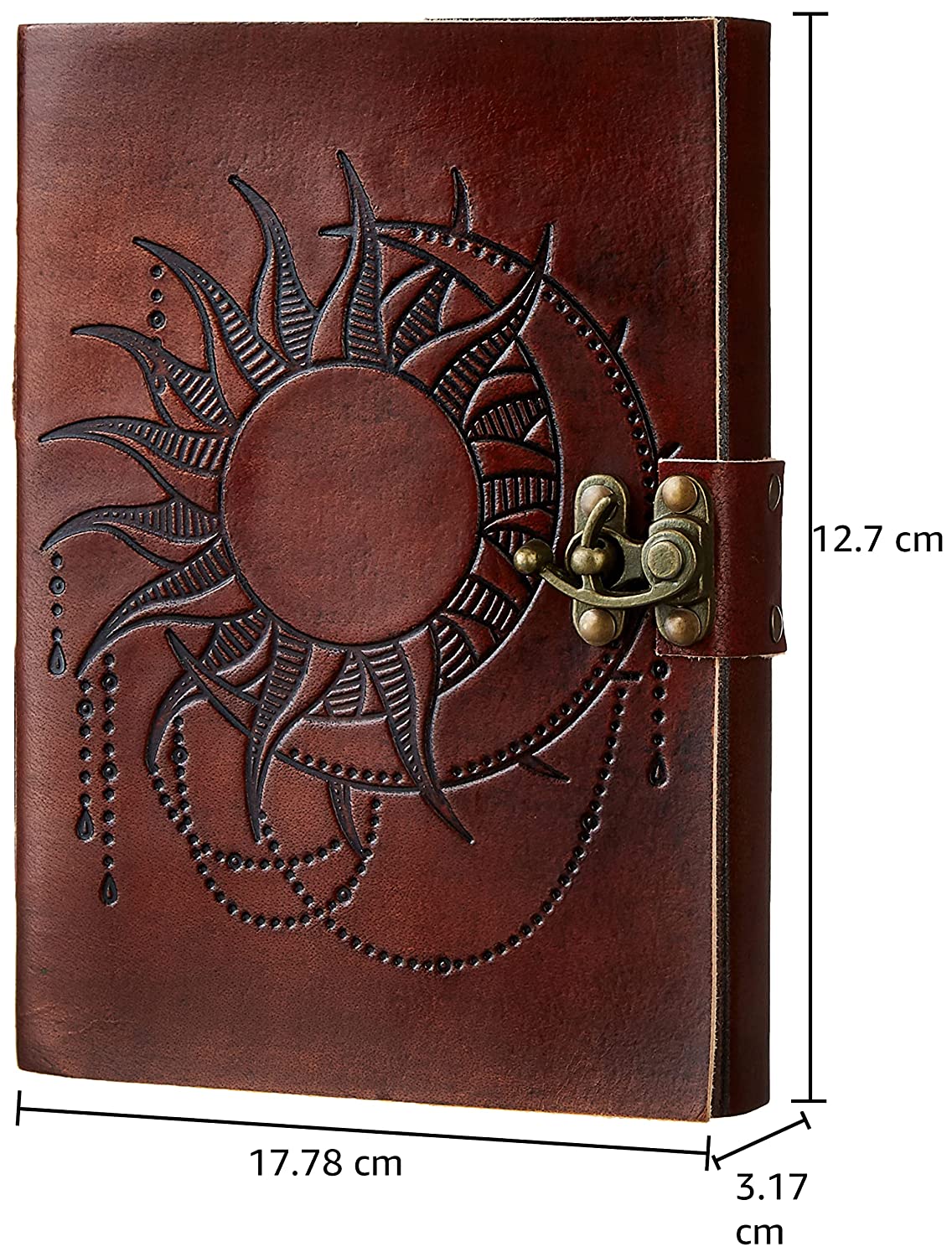 Handcrafted Antique Leather Journal with Embossed Sun & Moon Design with a Vintage Lock