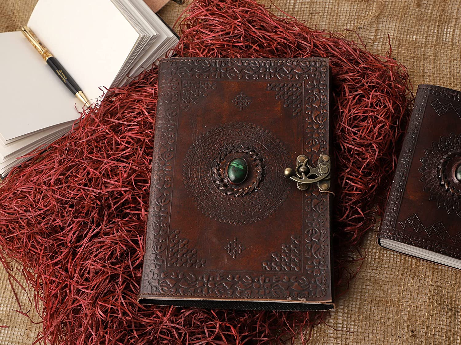 Leather Green Stone Brown Embossed Handmade Diary with Metal Lock